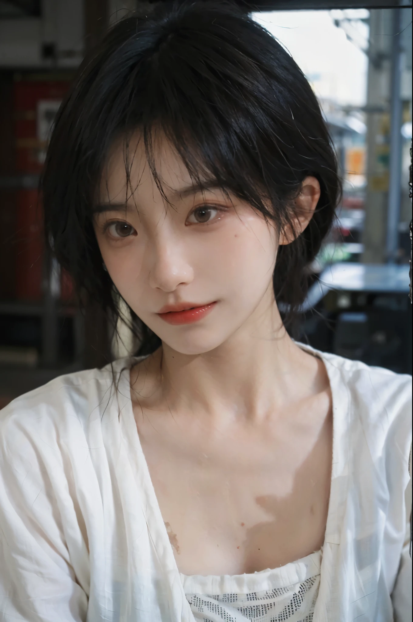 1 girl,Model,Upper Body,short hair,A faint smile,serene, calm,Moles under the eyes,Exquisite eyes, Delicate face,Lipstick,earrings,Hair details, skirt,(Dress conservatively:1.3)(Large Breasts:1.2),outdoor,background,城市background,(Skin details:1.4),(Realistic and detailed eyes:1.2), Natural skin texture, Realistic facial details,Close-up of face,Portrait Photography,(Portrait Photography:1.1), (smooth skin textures:1.3), (Highest quality real skin textures:1.4), Direct vision,Soft dramatic lighting, Vivid details, 35 mm film, (Photo Practical:1.4), (hyper Practical:1.4), (Practical:1.3), (Smoother lighting:1.05), (Improve lighting quality:0.9), (Enhance the beauty of skin texture:1.1), Depth of Field, Bokeh, Surrealism, Ray Tracing, ( Surrealism, High Detail, Chiaroscuro, Ray Tracing, reflected light, Ultra HD, Ultra HD, masterpiece, Textured Skin, Super Detail, High Detail, high quality, best quality