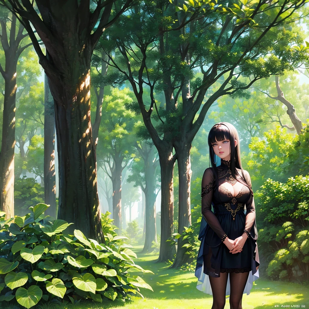a beautiful young woman, detailed blue eyes, medium length black hair with bangs, highly detailed facial features, detailed skin texture, elegant dress, standing in a lush garden, sunlight filtering through the trees, intricate floral patterns, warm color palette, photorealistic, cinematic lighting, masterpiece, 8K, hyper-realistic