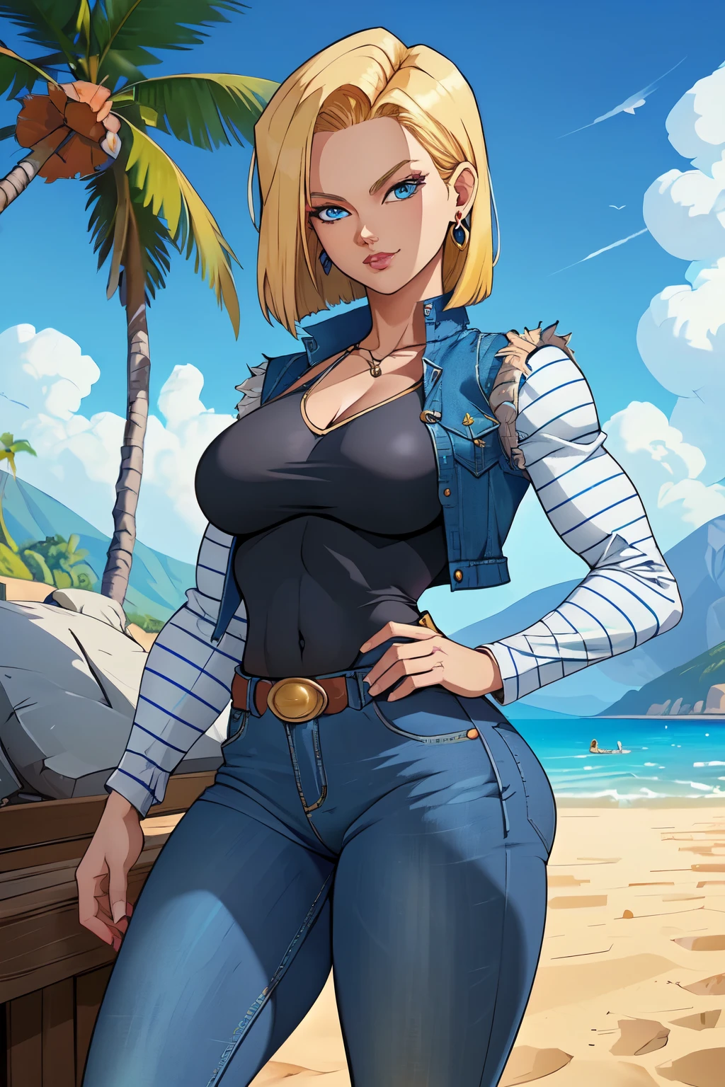 Android 18  style, 8K, hdr, ureal engine, ultra quality, sitting,  clothes, long breasts,detailed realistic, blond toned hair, black tub top, blue jeans shorts, golden earrings, aura ki, full body, 1 girl, (standing alone:1.2), (standing:1.3), (interacting:1.3), (cowboy shot:1.5), (curved:1.2), ssmile, glad, make yourself comfortable, (work of art:1.3), (best qualityer:1.3), (Perfect Anatomia:1.4), highy detailed, (tropical beach:1.3), palmtrees, sky blue water, Day Light, summer,, android18, aretes, jeans, waist belt, hair blonde, blue colored eyes, shorth hair, jewerly, (jeans vest:1.2), open vest, black pantyhose, black jersey, jeans skirt, (white striped long sleeves), blue skirt, breasts big, 55level, semi-traditional art style, (lineart limpo:1.3), (smooth shading:1.2), specialized shading