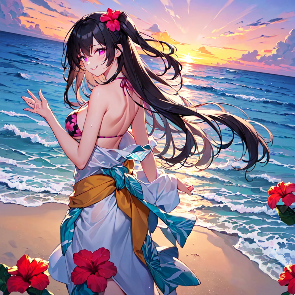 masterpiece, best quality, high quality, extremely detailed, very delicate and beautiful, (1 female 18 years old solo:1.5), (long black hair up to waist with two side up:1.5), bangs to eyebrows, eyes (eyes sharp, strong glossy glossy eyes, eyebrows glossy, (eye color magenta:1.3), 6.5 head height, (bikini swimsuit with hibiscus print:1.3), (floating on back in sea), (smiling), (dynamic pose), (background tropical sea:1.3), (sunset: 1.3)