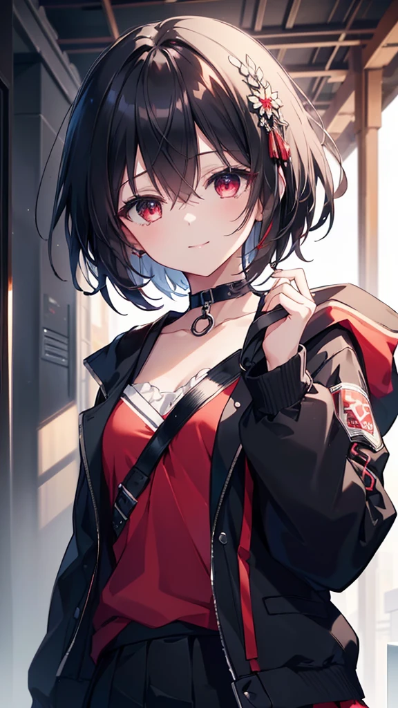 (masterpiece, highest quality, highest quality, (No text), Beautiful and aesthetic:1.2),No text,アニメ、BREAK,One Girl，Black Hair Girl　short hair　older sister　choker　Tree Eyes　Beautiful eyes　Red eyes　cool　smile　Red and Black　Black jacket　mini skirt　whole body　In town