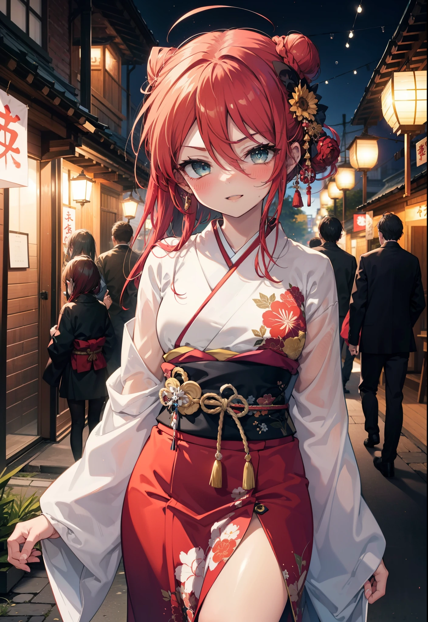 Shana,灼眼のShana,Long Hair, Red hair,Red eyes,Ahoge,smile,blush,Open your mouth,Hair Bun, single Hair Bun,blush,Red Kimono,Thick sleeves,Red long skirt,日本のfestival,夏festivalの屋台,Red lantern,So that the whole body goes into the illustration,Walking, break looking at viewer, Upper Body (Cowboy Shot:1. 5), break outdoors, shrine,festival, break (masterpiece:1.2), Highest quality, High resolution, unity 8k wallpaper, (shape:0.8), (Beautiful and beautiful eyes:1.6), Highly detailed face, Perfect lighting, Highly detailed CG, (Perfect hands, Perfect Anatomy),