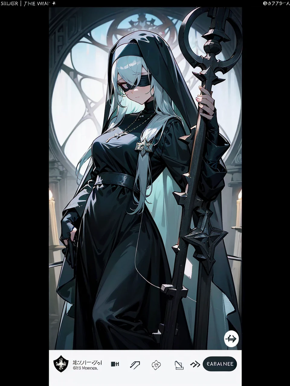 a nun with a blindfold and a elegant modest black church nun outfit, with some silver jewelry, she also wears a long see through veil on her head, with a faded sliver star shaped halo at the back, she is holding her hands together symbolizing a prayer gesture.