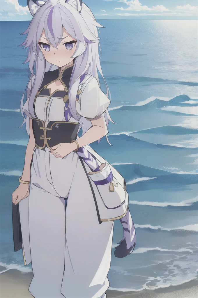 ((masterpiece)), (best quality), (ultra-detailed), photorealistic, (best illustration), ((an extremely delicate and beautiful)), 1boy, solo, long hair, tiger ears, [:tiger tail under:0.2], white hair, two-tone hair, full body art, white shirt and pants, (Purple strands:1), multicolored shirt and pants, cross-laced, standing, evil purple eyes, black skirt, short sleeves, detailed scenery, blue sky, horizon, hair ornament, bracelet, (both hands on own chest:0.9), blush, girly body, very young, Cute, shy, scared, holding doll, flat chest, slightly thick thighs, pouty expression. 