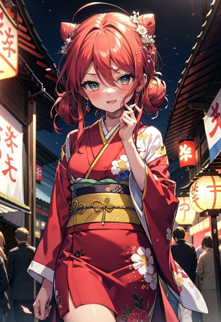 Shana,灼眼のShana,Long Hair, Red hair,Red eyes,Ahoge,smile,blush,Open your mouth,Hair Bun, single Hair Bun,blush,Red Kimono,Thick sleeves,Red long skirt,日本のfestival,夏festivalの屋台,Red lantern,So that the whole body goes into the illustration,Walking, break looking at viewer, Upper Body (Cowboy Shot:1. 5), break outdoors, shrine,festival, break (masterpiece:1.2), Highest quality, High resolution, unity 8k wallpaper, (shape:0.8), (Beautiful and beautiful eyes:1.6), Highly detailed face, Perfect lighting, Highly detailed CG, (Perfect hands, Perfect Anatomy),