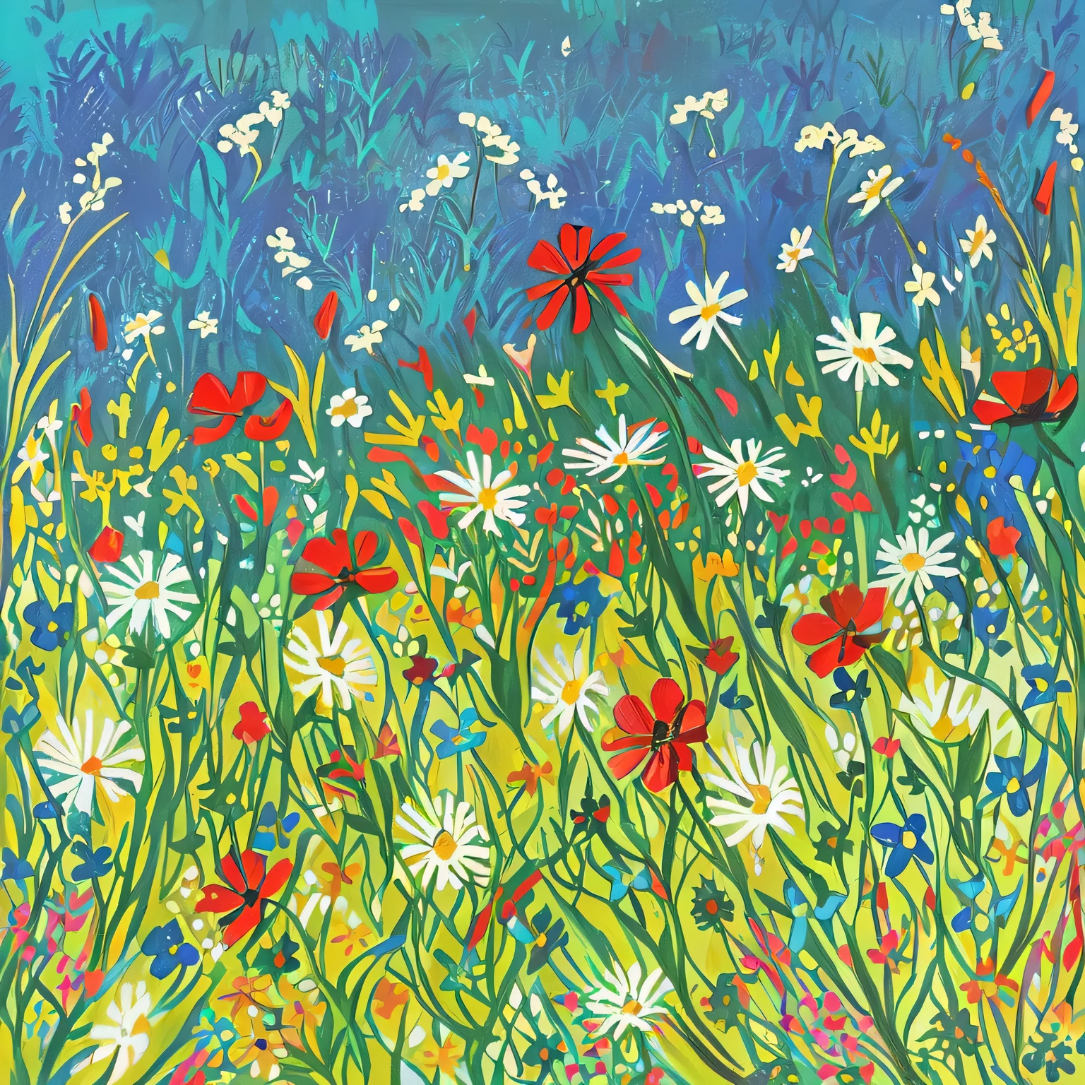 a painting of a field of flowers with a blue sky in the background, summer meadow, meadow flowers, flower meadow, meadow with flowers, daisies and poppies, field flowers, by Joan Brown, summer vibrancy, bright summer day, sunny meadow, full of colour w 1024, floral splash painting, meadows, wildflowers and grasses, summer vibrance, summer field
