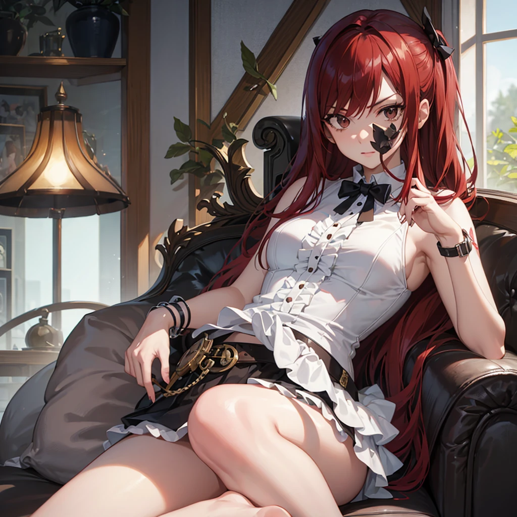 erzascarlet, erza scarlet, long hair, (red hair:1.5), hair between eyes, (brown eyes:1.7),
BREAK skirt, shirt, bow, boots, sleeveless, sleeveless shirt, tattoo, white shirt, frills,
BREAK indoors, guild, bar,
BREAK looking at viewer,
BREAK (masterpiece:1.2), best quality, high resolution, unity 8k wallpaper, (illustration:0.8), (beautiful detailed eyes:1.6), extremely detailed face, perfect lighting, extremely detailed CG, (perfect hands, perfect anatomy),