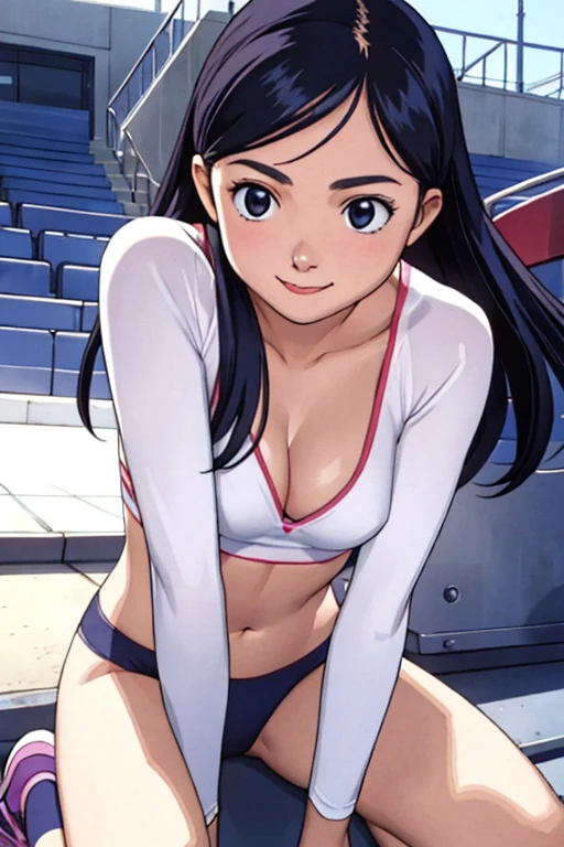 masterpiece, Highest quality, Adult women,Very detailed,,Show your armpits,Black eyes,European facial structure,,Natural Beauty,Cinematic,Breasts are moderately sized 10.0,Spread your legs,Lift your legs,An expression of joy,Sexy pose,Sticking out her tongue and begging,Open Mouth Smile,squat,White, pink and purple sportswear,At the athletics stadium,belly button,Cleavage,