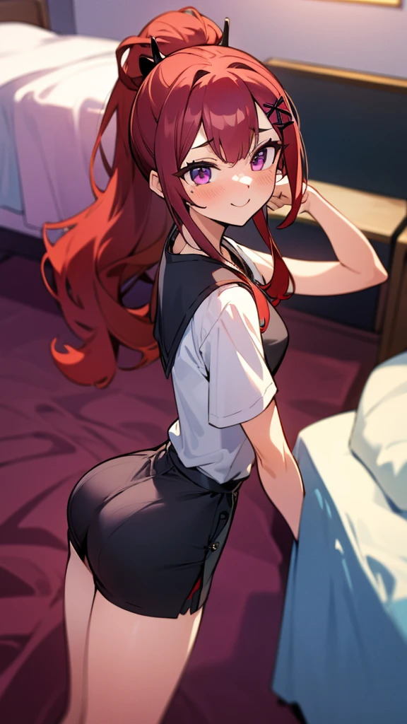 high tail hairstyle, Ponytail hairstyle, Long wavy black hair, standing posing, anime girl style, pixel art anime style,penetrating look with deep eyes,red and purple eyes, hair with a ponytail hairstyle trapped with a big red bun, Women, red hair clips, x color shaped hair clips , smiling face blush, in his room next to his bed, plain miniskirt, strap blouse, showing my ass to the camera, Black hair