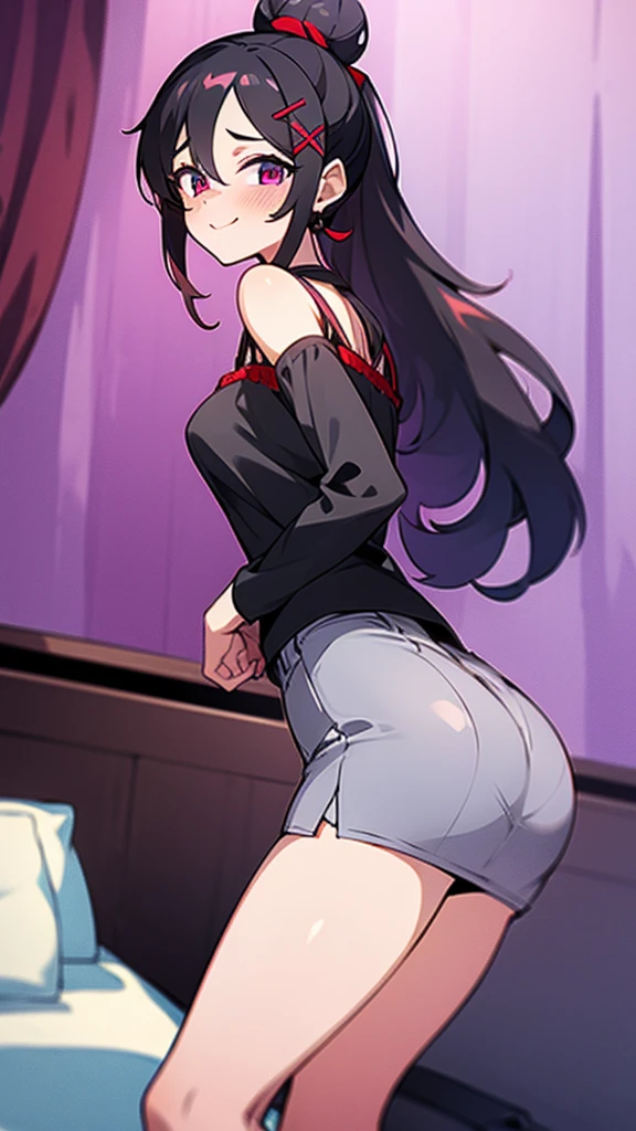 high tail hairstyle, Ponytail hairstyle, Long wavy black hair, standing posing, anime girl style, pixel art anime style,penetrating look with deep eyes,red and purple eyes, hair with a ponytail hairstyle trapped with a big red bun, Women, red hair clips, x color shaped hair clips , smiling face blush, in his room next to his bed, plain miniskirt, strap blouse, showing my ass to the camera, Black hair 