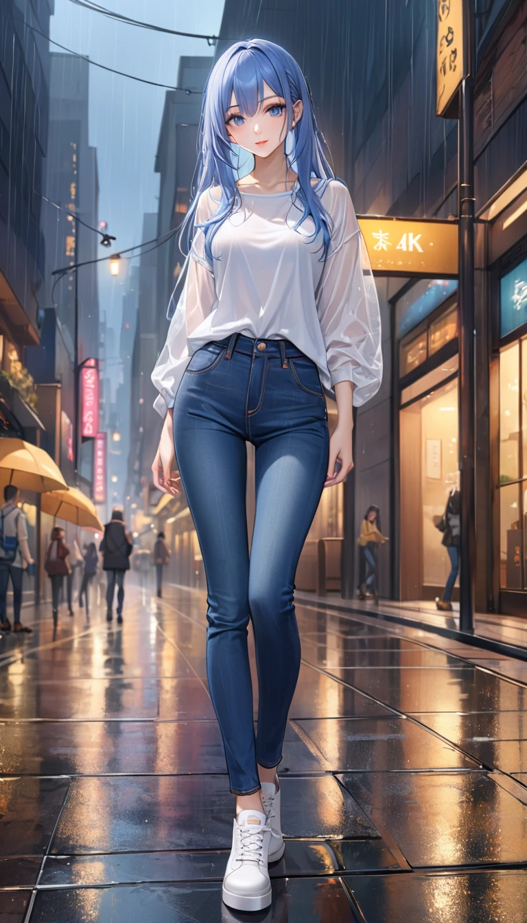 ((Highest quality, masterpiece:1.3, 8K)), (detailed), highly detailed face and skin texture, detailed eyes, Downtown, whole body, Seductive pose, Slender body, One girl, Age 25, White skin, Bright lips, Captivating smile, Long Hair, (amount:1.0), Stylish tops, Jeans pants, Skinny jeans, Blue Jeans, footwear, rain,rain宿り,