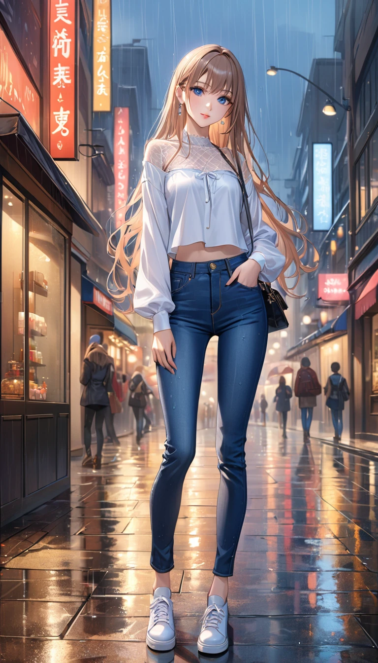 ((Highest quality, masterpiece:1.3, 8K)), (detailed), highly detailed face and skin texture, detailed eyes, Downtown, whole body, Seductive pose, Slender body, One girl, Age 25, White skin, Bright lips, Captivating smile, Long Hair, (amount:1.0), Stylish tops, Jeans pants, Skinny jeans, Blue Jeans, footwear, rain,rain宿り,
