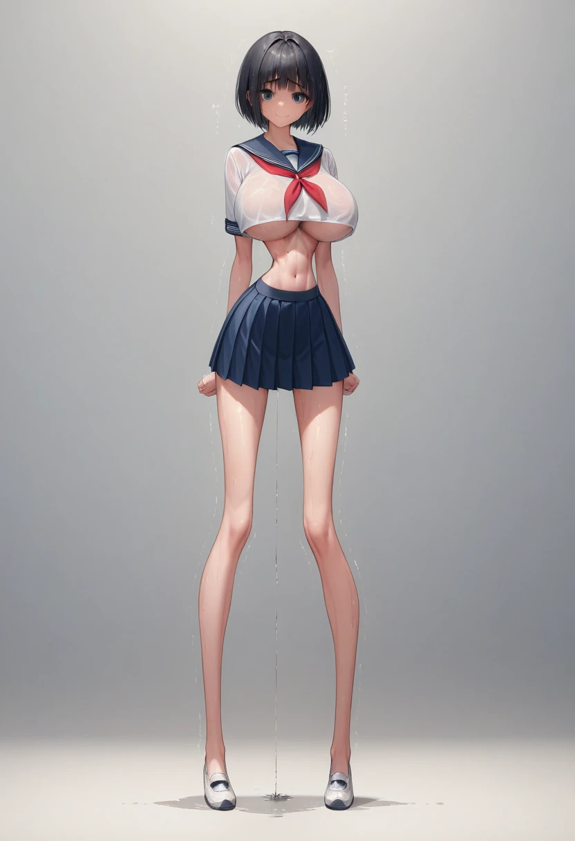 (masterpiece, best quality:1.2), Realistic photo, front shot, beautiful thin 1girl, (super big breasts, micro waist, very long legs:1.3), Black hair, short bob hair, (Extremely skinny), short height, Light Skin, cute big eyes, Small Mouth, cute beautiful thin face, forced smile, serafuku, mini skirt, Arched back, pigeon-toed, Embarrassing pose, Long and thin navel, (beautiful visible ribs), wet and sweaty, Trembling