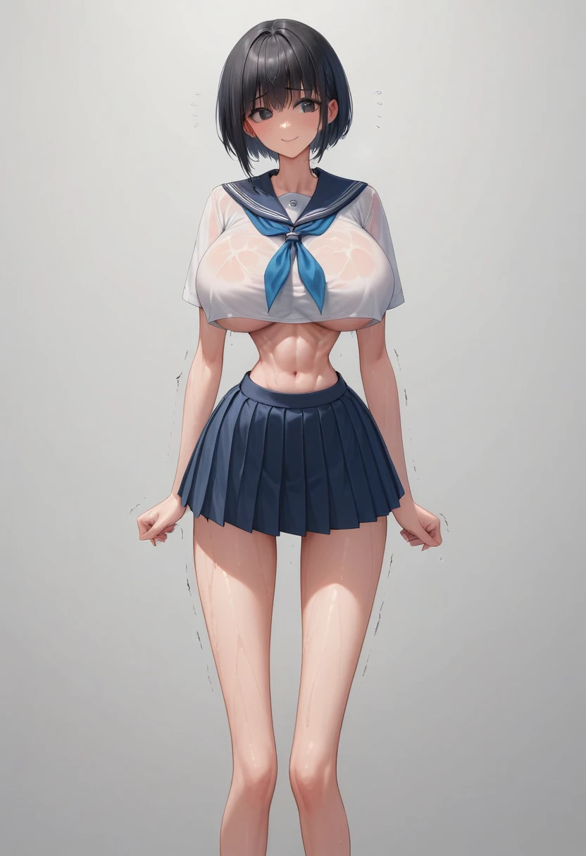 (masterpiece, best quality:1.2), front shot, beautiful thin 1girl, (super big breasts, micro waist, very long legs:1.5), Black hair, short bob hair, (Extremely skinny), short height, Light Skin, cute big eyes, cute beautiful thin face, forced smile, serafuku, mini skirt, Arched back, pigeon-toed, Embarrassing pose, Long and thin navel, (beautiful visible ribs), wet and sweaty, Trembling