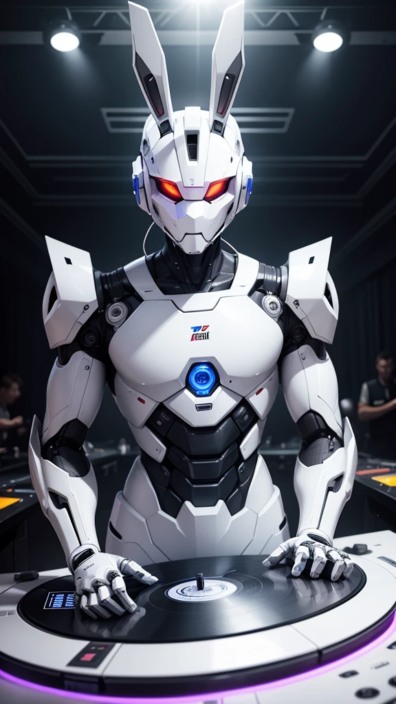 robot rabbit, White color, male gender, portrait photo style, non-human, in a club, playing on a turntable, non-human,
