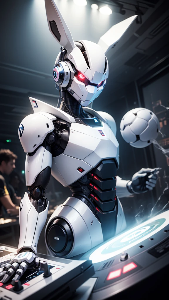 robot rabbit, White color, male gender, portrait photo style, non-human, in a club, playing on a turntable, non-human,