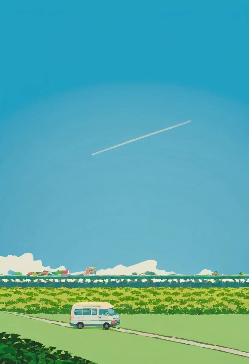 (Minimalism:1.4), A minibus on the road, Studio Ghibli Art, Miyazaki, Pasture with blue sky and white clouds