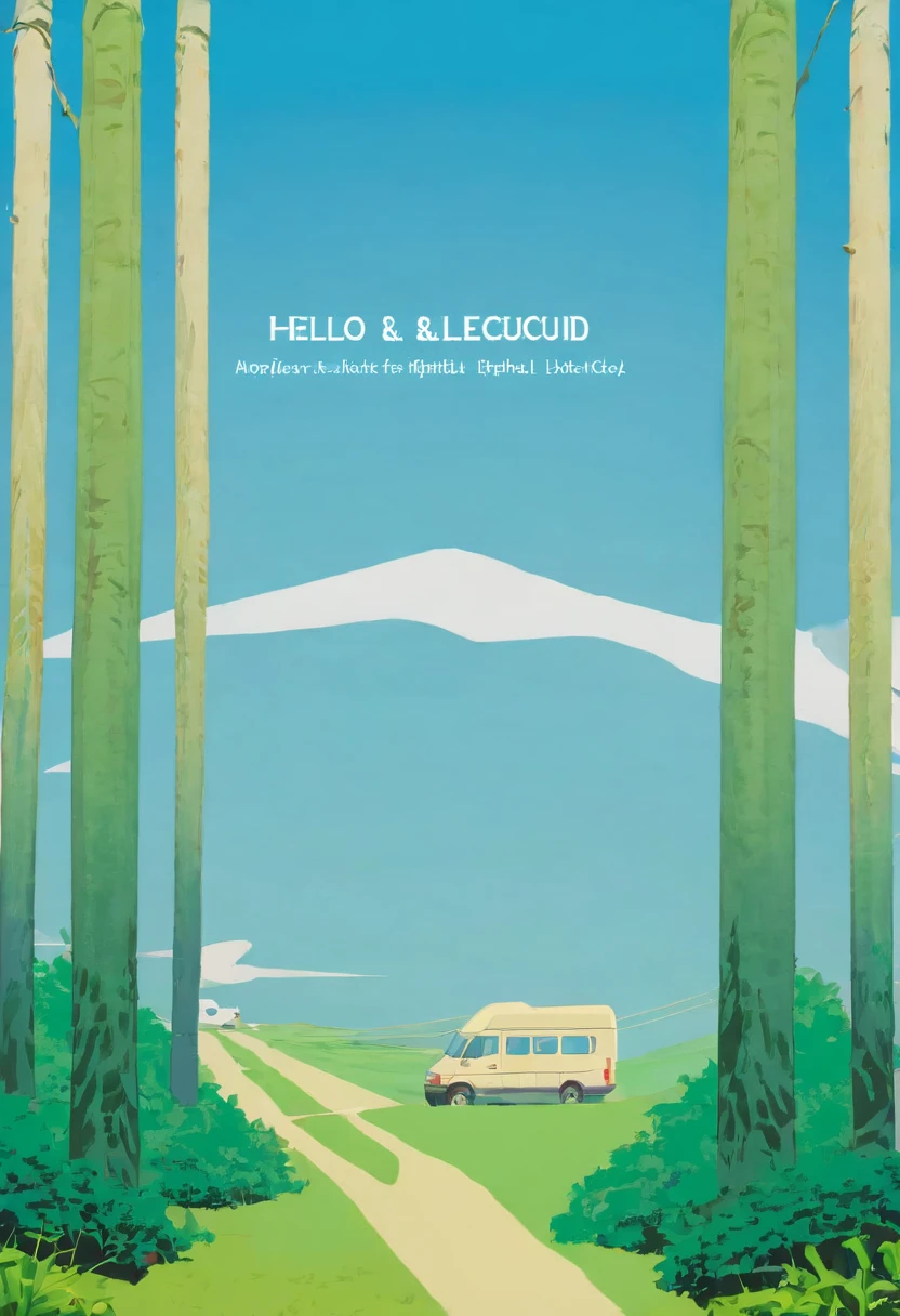 (Minimalism:1.4), A minibus on the road, Studio Ghibli Art, Miyazaki, Pasture with blue sky and white clouds