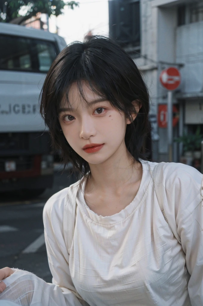 1 girl，Model，Upper Body，short hair,A faint smile,serene, calm，Moles under the eyes,Exquisite eyes, Delicate face,Lipstick,earrings,Hair details, skirt，（Dress conservatively：1.3）(Large Breasts:1.2),outdoor,background,城市background，(Skin details:1.4),(Realistic and detailed eyes：1.2）, Natural skin texture, Realistic facial details,Close-up of face,Portrait Photography,(Portrait Photography:1.1), (smooth skin textures:1.3), (Highest quality real skin textures:1.4), Direct vision,Soft dramatic lighting, Vivid details, 35 mm film, (Photo Practical:1.4), (hyper Practical:1.4), (Practical:1.3), (Smoother lighting:1.05), (Improve lighting quality:0.9), (Enhance the beauty of skin texture:1.1), Depth of Field, Bokeh, Surrealism, Ray Tracing, ( Surrealism, High Detail, Chiaroscuro, Ray Tracing, reflected light, Ultra HD, Ultra HD, masterpiece, Textured Skin, Super Detail, High Detail, high quality, best quality
