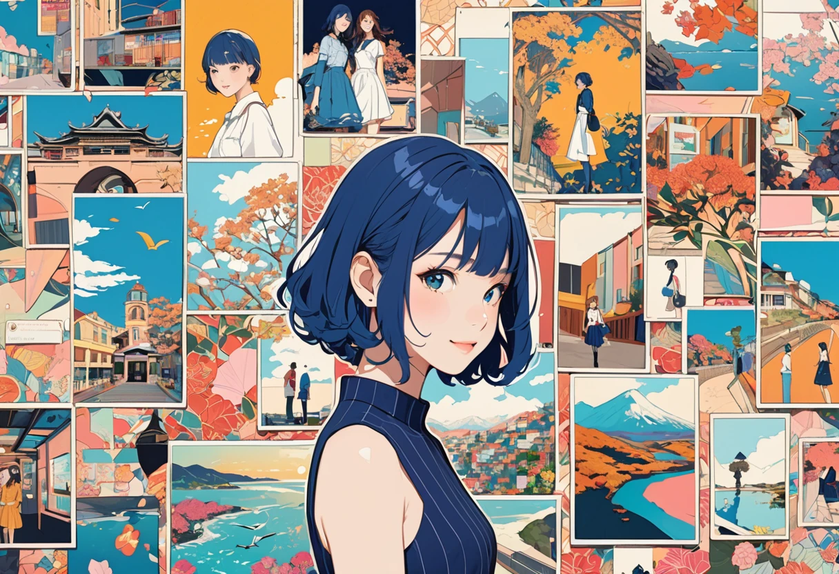 flat color,(masterpiece, best quality:1.1), A girl walks down a hallway filled with photos of her life,cheerfully,happily,collage artwork, nostalgic melancholic artwork, collage art, photo collage, inspired by Victo Ngai cmyk palette, collage art background, 
BREAK side angle,(girl,tween,detailed face,(darkblue wavy-short hair),eyebrows,middle small breasts),