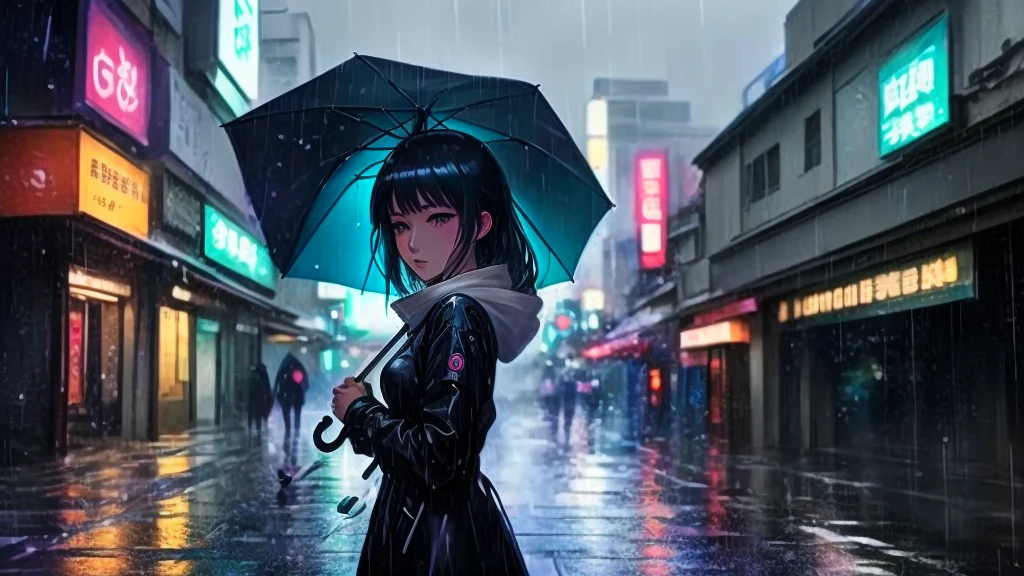 anime girl with umbrella in the rain, A mix of anime style and Fujifilm, Anime atmosphere, Gweiz-style artwork, Digital Rain, Anime Aesthetics, in the rain, Aesthetics of Rain, Anime Aesthetics, Neon Rainy cyberpunk setting, Digital Art #oneshotgame, Neon Rain, in the rain, Inspired by Yumei, Cyberpunk aesthetic
