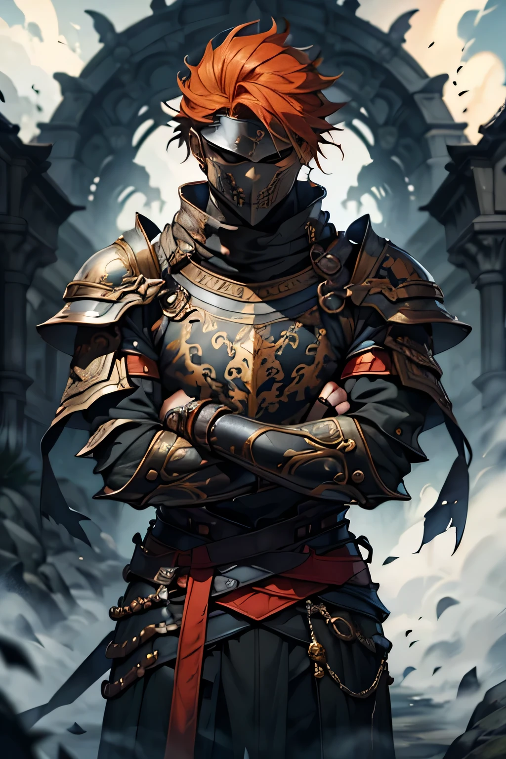 one men, orange red hair, stark, black armour, crossed arms, perfect hands, perfects eyes, blue colored eyes, black armor, dark armor
