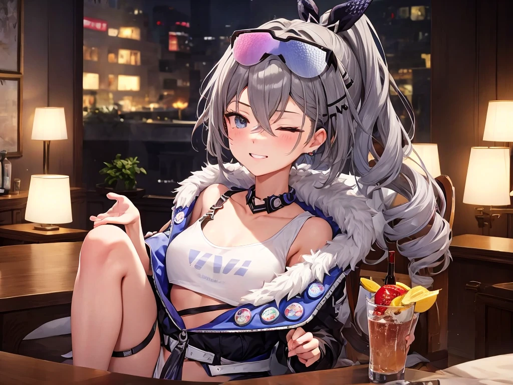 masterpiece, Highest quality, (1 beautiful girl :1.2), Silver Hair, 24-years-old, Medium chest, Standard weight, Casual clothing, Grin:1.3, Red nose :1.1, Drunk, close your eyes, Beautiful scenery in the bar, Blurred Background, Amazing panoramic views, Drinking alcohol, close