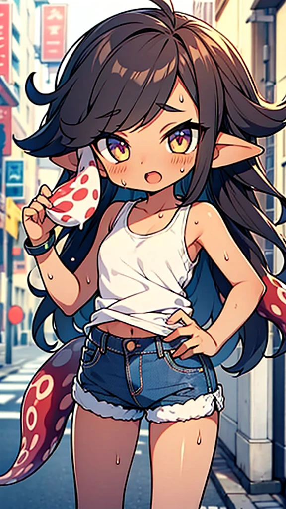 splatoon style anime illustration,(many suckers in hair,hair like tentacles),octopus shota,skiny tank-top,Denim shorts,dark skin,((sweat)),in street,open mouth,
