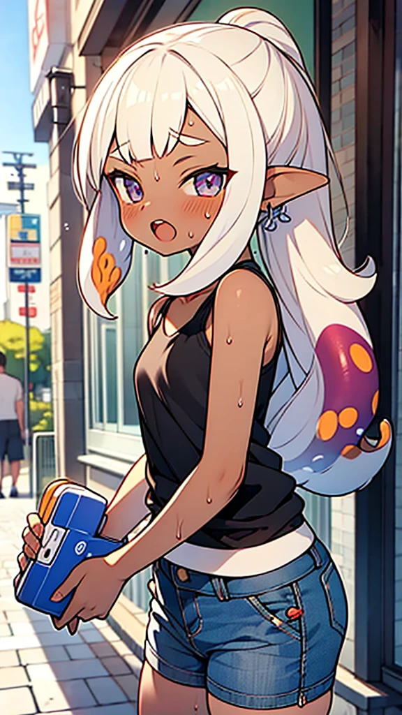 splatoon style anime illustration,(many suckers in hair,hair like tentacles),octopus shota,skiny tank-top,Denim shorts,dark skin,((sweat)),in street,open mouth,