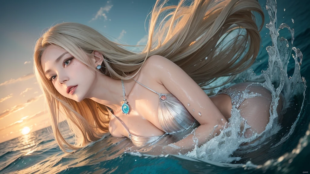 (Highest Quality Realistic Textured Skin),(terrible),(OK, round, Symmetrical eyes),Delicate facial features,(Burning bright cold eyes),(She has a mischievous smile),(Her face is kind and beautiful),Glass earrings in the ears,,(blonde),(Silvery white hair),(Chestnut Hair),(Swim at the bottom of the ocean),(Full body portrait:1.5),(Dramatic Photos:1.4),(Dramatic Pose),(Flashy photos)(look up),(Looking down),(Around her neck is a simple necklace made with exquisite craftsmanship.),Cluttered photos,(Hair flowing in water:1.5),(Underwater, Life at sea, 美しいCoral Reef, fish),(Background vortices and currents),(Dramatic Light),(Nice views),(美しいfishに囲まれて),遠くの背景にはCoral Reefに沈んだ寺院が見える,Coral Reef,Spectacular realism,Cinematic atmosphere,(High-density image review:1.5),(Soft colors:1.2),Very detailed,Dramatic Light,(Intricate details:1.1),Complex background,
