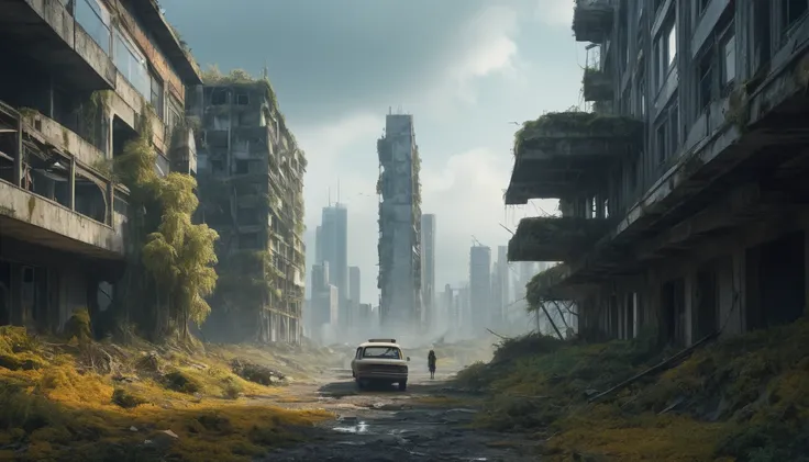 sci-fi world,view from a destroyed building,rusty school bus, abandoned land, rusty buildings, miss, dark clouds, abandoned city...