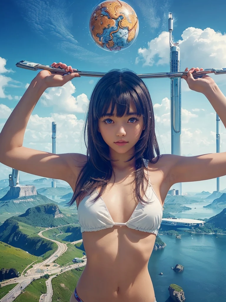 (young girl:1.1),,(the human:1.5),bangs,(world made by new techinoogy with god arms:1.5), (The scenery in crazy brain:1.3),( beautiful body:1.5)