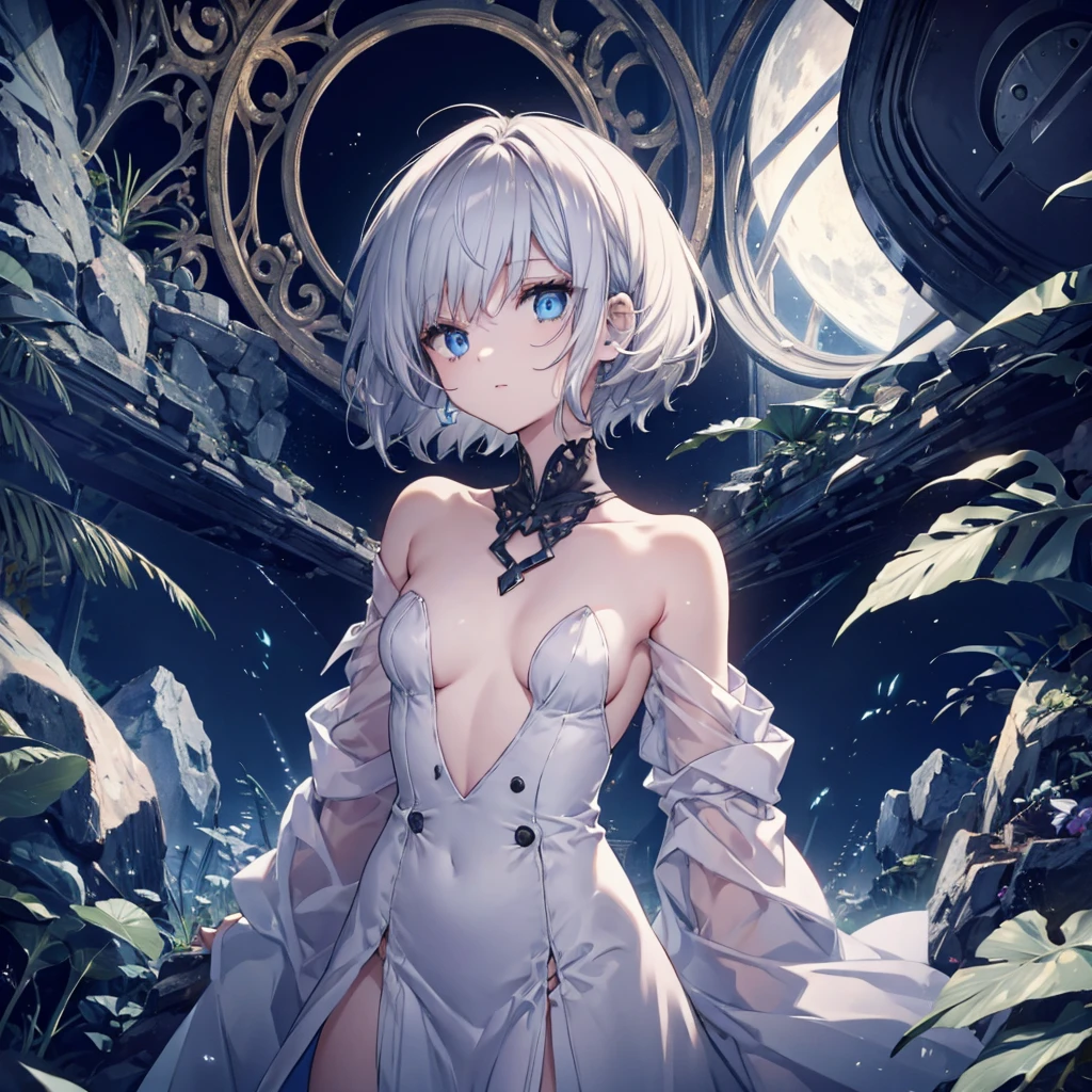 (((1 person)))　((High resolution　Gray Hair　short hair　 shoulder))　((Black Band　Lonely　despair　blue eyes))　　moon　star　nude chest clothes open beautiful girl