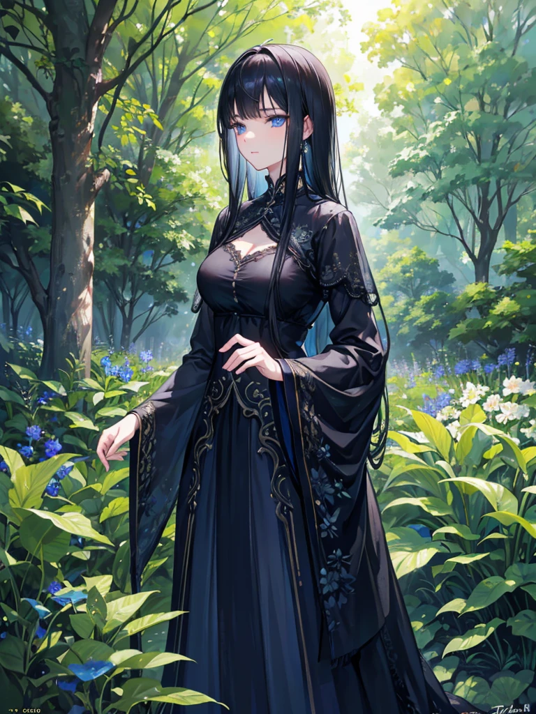 a beautiful young woman, detailed blue eyes, medium length black hair with bangs, highly detailed facial features, detailed skin texture, elegant dress, standing in a lush garden, sunlight filtering through the trees, intricate floral patterns, warm color palette, photorealistic, cinematic lighting, masterpiece, 8K, hyper-realistic
