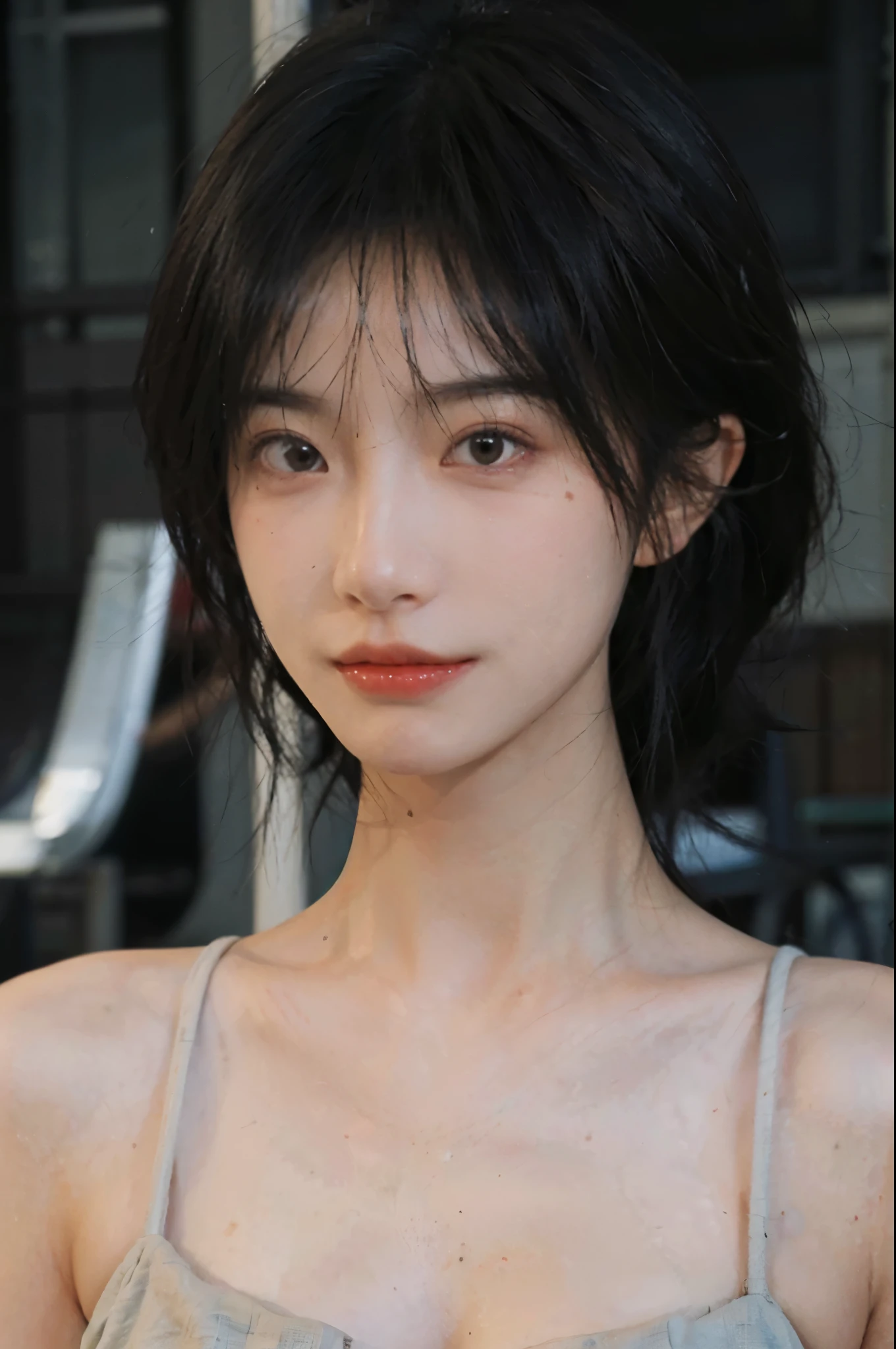 1 girl,Model,Upper Body,short hair,A faint smile,serene, calm,Moles under the eyes,Exquisite eyes, Delicate face,Lipstick,earrings,Hair details, skirt,(Dress conservatively:1.3)(Large Breasts:1.2),outdoor,background,城市background,(Skin details:1.4),(Realistic and detailed eyes:1.2), Natural skin texture, Realistic facial details,Close-up of face,Portrait Photography,(Portrait Photography:1.1), (smooth skin textures:1.3), (Highest quality real skin textures:1.4), Direct vision,Soft dramatic lighting, Vivid details, 35 mm film, (Photo Practical:1.4), (hyper Practical:1.4), (Practical:1.3), (Smoother lighting:1.05), (Improve lighting quality:0.9), (Enhance the beauty of skin texture:1.1), Depth of Field, Bokeh, Surrealism, Ray Tracing, ( Surrealism, High Detail, Chiaroscuro, Ray Tracing, reflected light, Ultra HD, Ultra HD, masterpiece, Textured Skin, Super Detail, High Detail, high quality, best quality