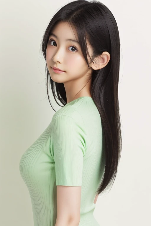 Very young Japanese,Light green short sleeve ribbed knit,big breasts,Black Hair,Long Hair,Soft lips,Fine skin,(Glowing Skin),(masterpiece:1.4),(Highest quality:1.4),white background,portrait,standing posture,from side,looking away