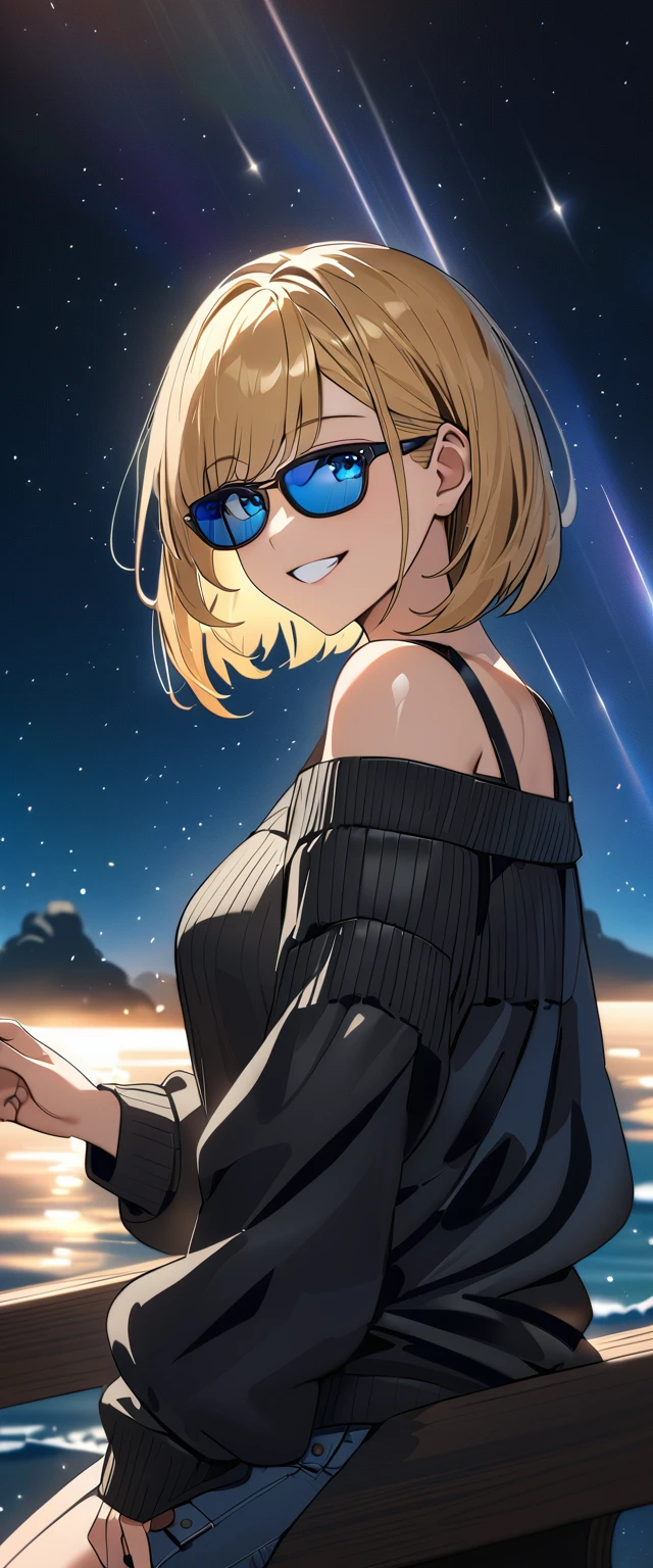 ((grin)), ((off-shoulder sweater:1.3, Quite thick shoulder straps)), ((black sweater)), ((blond hair, bob cut:1.3)), ((sunglasses, hand to sunglasses)), (((from side))), ((((upper body)))), ((Leaning to side)), (((A meteor shower dancing in the night sky, countless stars twinkling in the clear air))), ((sitting on the very high cliff)), wavy hair, inward curled hair, ((sea, nature)), breasts, ager, (looking at viewer), oversized clothes, puffy long sleeves, collarbone, head tilt:1.3, (((blue eyes))), happy smile, (((anime style))), (best quality, 4K, 8K, highres, masterpiece:1.2, ultra-detailed, ultra-detailed eyes, HDR, uhd, studio lighting, ultra-fine painting, sharp focus, physically-based rendering, extreme detail description, professional, vivid colors, bokeh)