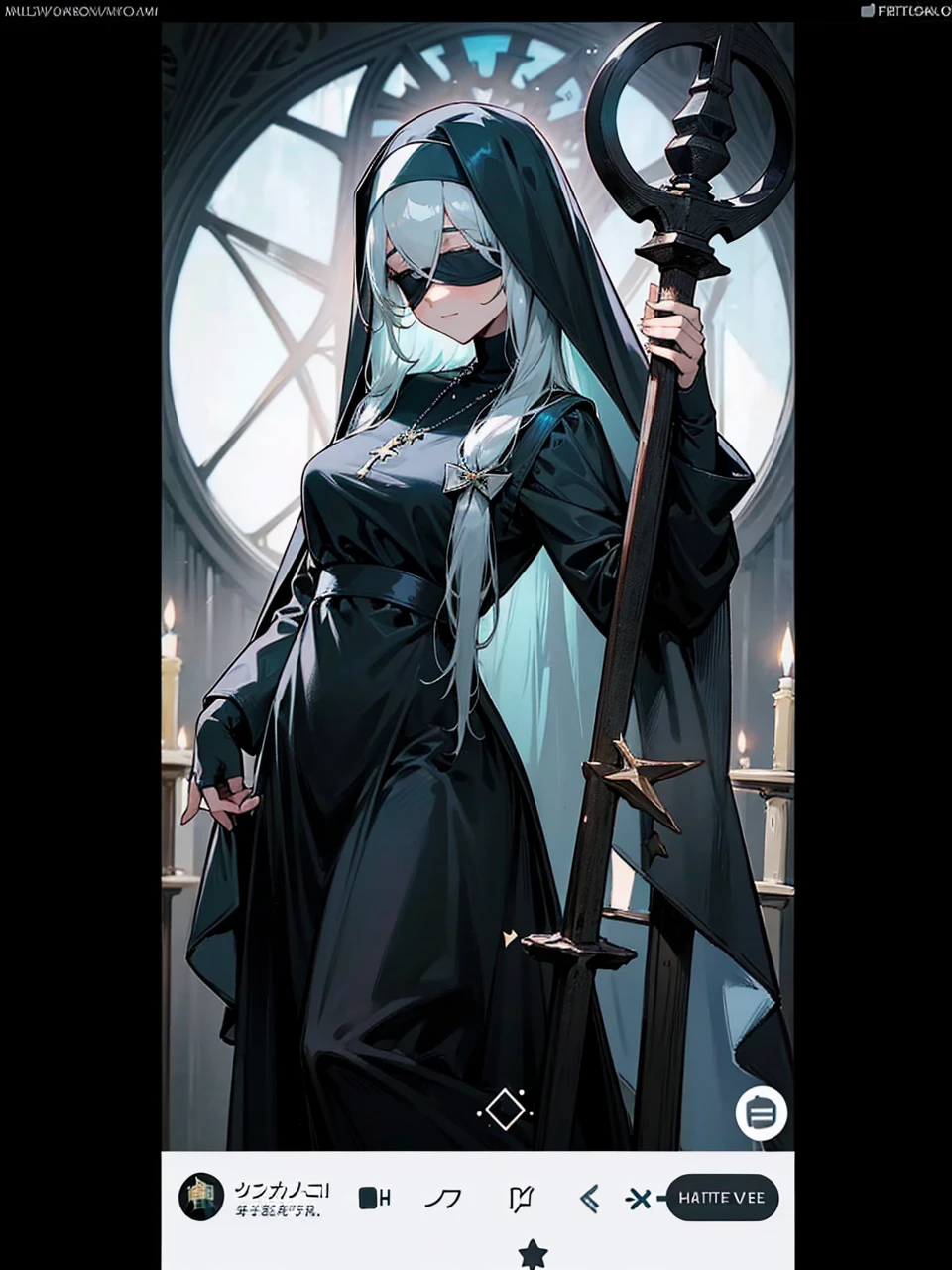 a nun with a blindfold and a elegant modest black church nun outfit, with some silver jewelry, she also wears a long see through veil on her head, with a faded sliver star shaped halo at the back, she is holding her hands together symbolizing a prayer gesture.