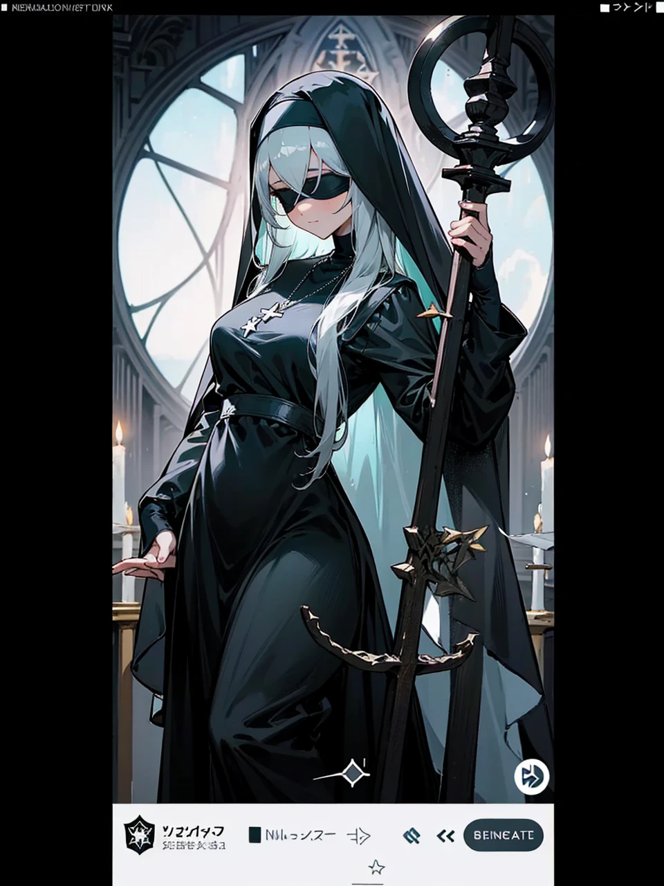 a nun with a blindfold and a elegant modest black church nun outfit, with some silver jewelry, she also wears a long see through veil on her head, with a faded sliver star shaped halo at the back, she is holding her hands together symbolizing a prayer gesture.