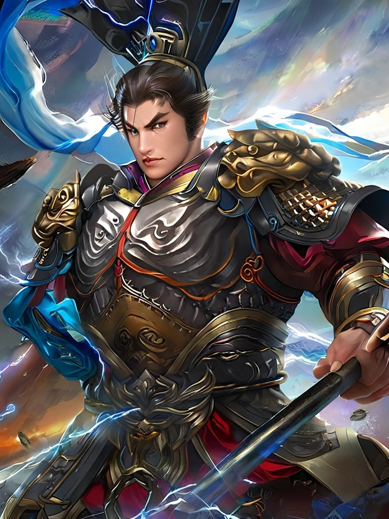  Masterpiece, Highest quality, war, cold weather, realistic, 1 person, mature man, A quiet and charming young man., 30 years old, Portrait, ใบหน้าที่Highly detailed,Masterpiece,best quality,Highly detailed,very detailed, Levi Buman, armor,(Broad shoulders)) (muscle), alone, black hair,blue eyes, muscle shoulder armor, Holding, look at viewer, Holding black stick, Digital Artwork, black short hair, belt, sky, cloud, electricity, upper body,Fang Tian Hua Ji, gag, blue eyes,ชุดarmorอัศวินสีดำ ,Fang Tian Hua Ji, black wool shawl(Masterpiece,best quality,special, (Broad shoulders)) (muscle), focus man,ถือหอกแทงsky, 