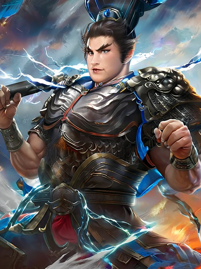  Masterpiece, Highest quality, war, cold weather, realistic, 1 person, mature man, A quiet and charming young man., 30 years old, Portrait, ใบหน้าที่Highly detailed,Masterpiece,best quality,Highly detailed,very detailed, Levi Buman, armor,(Broad shoulders)) (muscle), alone, black hair,blue eyes, muscle shoulder armor, Holding, look at viewer, Holding black stick, Digital Artwork, black short hair, belt, sky, cloud, electricity, upper body,Fang Tian Hua Ji, gag, blue eyes,ชุดarmorอัศวินสีดำ ,Fang Tian Hua Ji, black wool shawl(Masterpiece,best quality,special, (Broad shoulders)) (muscle), focus man,ถือหอกแทงsky, 