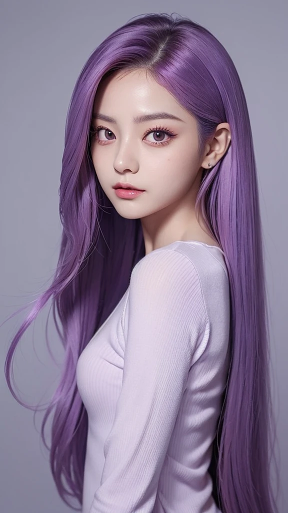 TWICE tzuyu, Attractive woman, light purple hair, long hair, sex appeal, lustrous, narrow eyes, small face, tall, slanted eyes, fair breasts