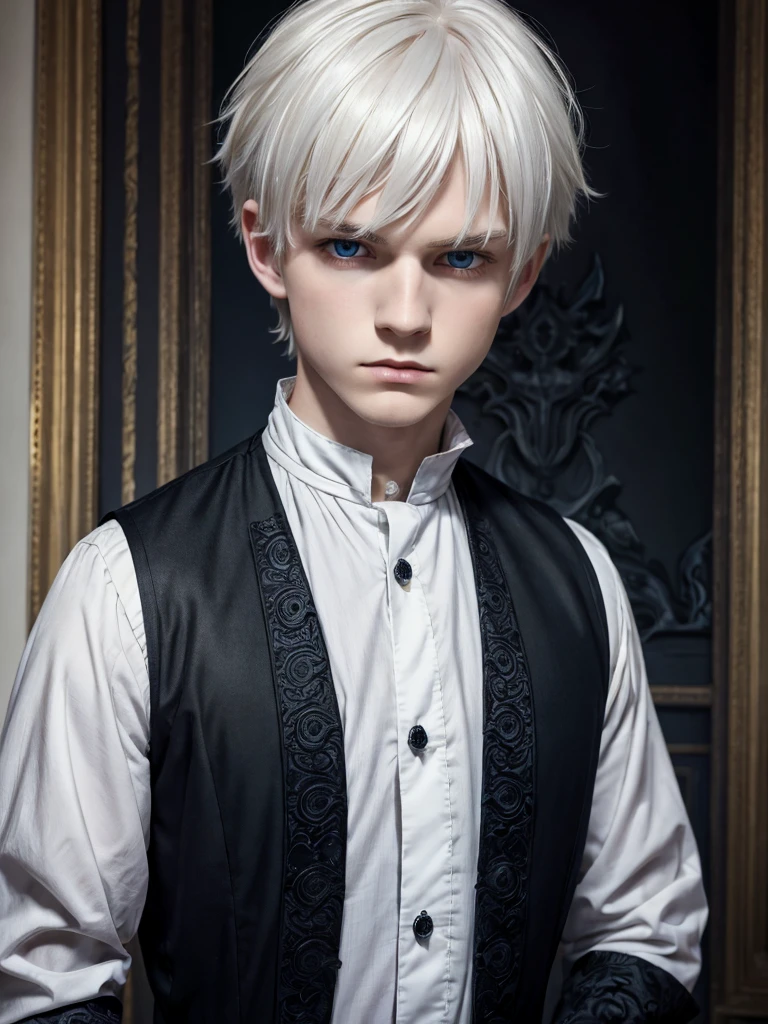 (best quality), 1boy, (child), Male, pale skin, white hair, short hair, swept bangs, tousled hair, blue eyes, perfect eyes, strong jawline, shy expression, royal clothes, (dark fantasy), gothic, masculine, fully clothed, masterpiece, anatomically correct, highres