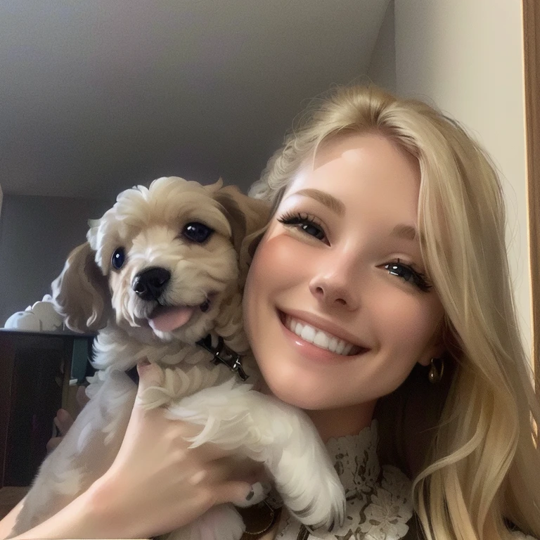 smiling blonde woman holding a small poodle puppy, GRAY COLOR, in your arms, smiling happily at the camera
