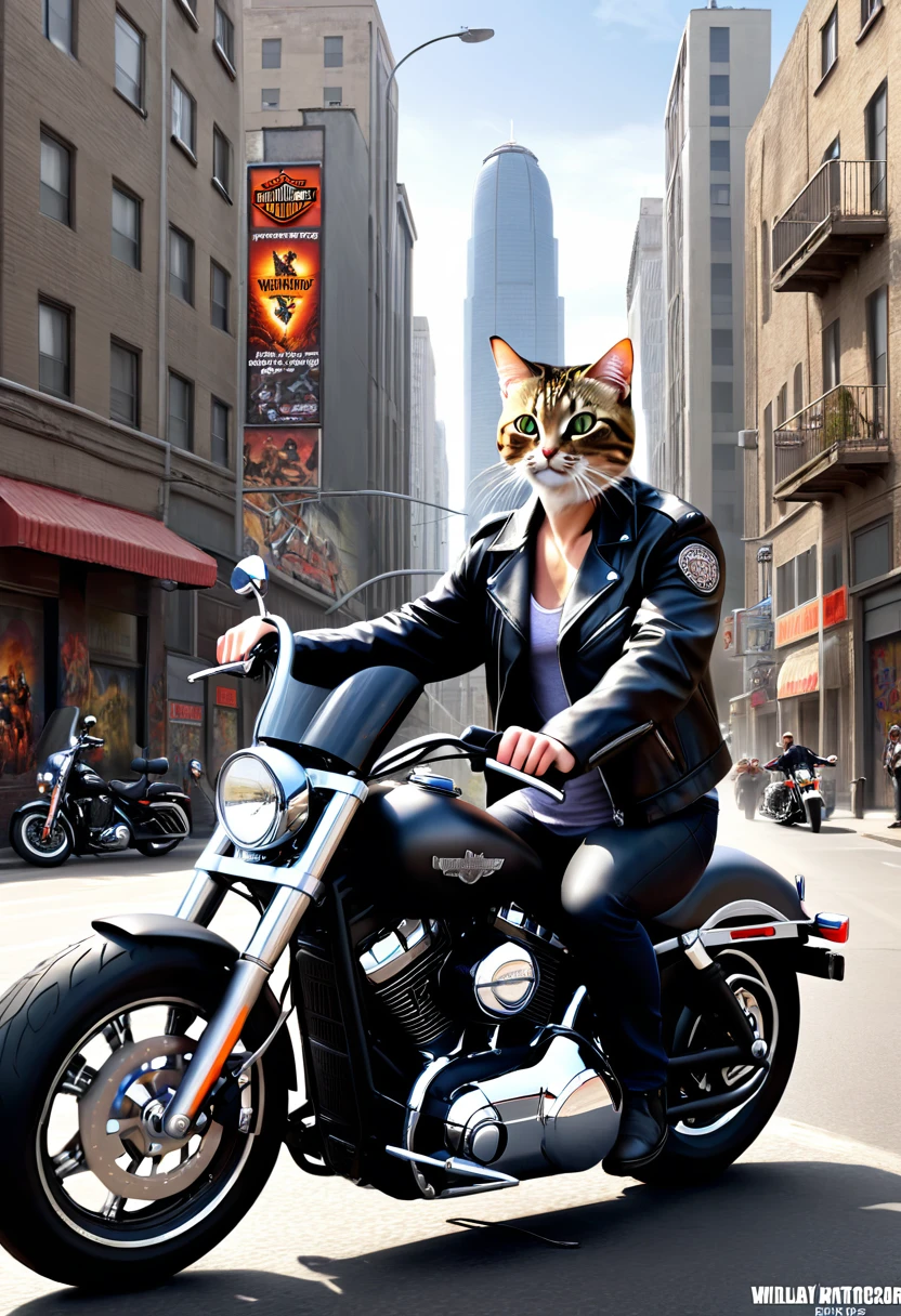 {Cat head, human body}、Cat Rider、Biker、Thick leather jacket。Wildcat Rock。Ride through the city on a Harley Davidson。Ultra-realistic。8K Image。Precision Painting、Real Image。