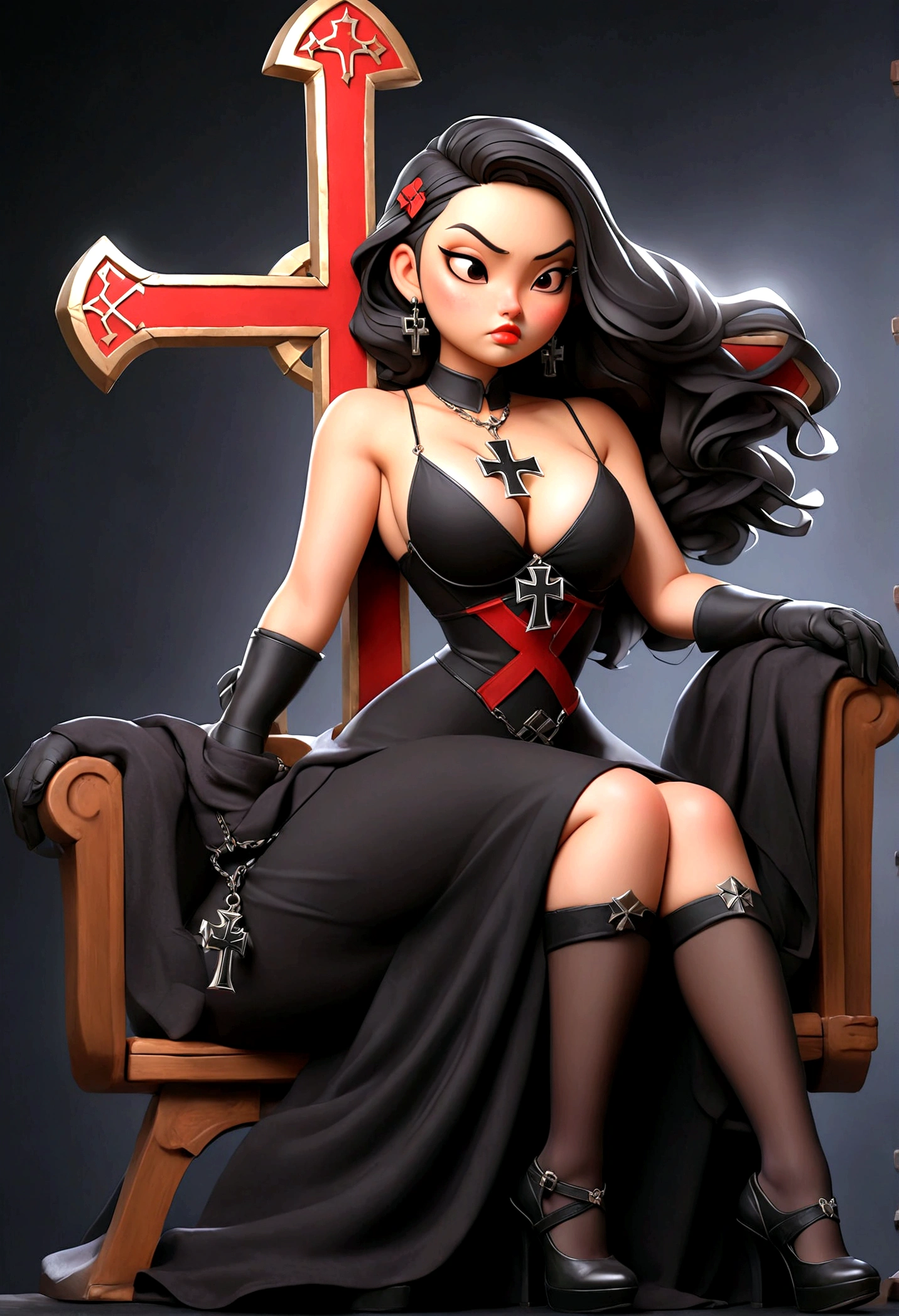 Sexy Curvy Asian Women, Dark Background, Studio Lighting, Gothic Dress, church, Cleavage, Chain Accessories, Sitting in a chair, Black shoes, carrying an iron cross