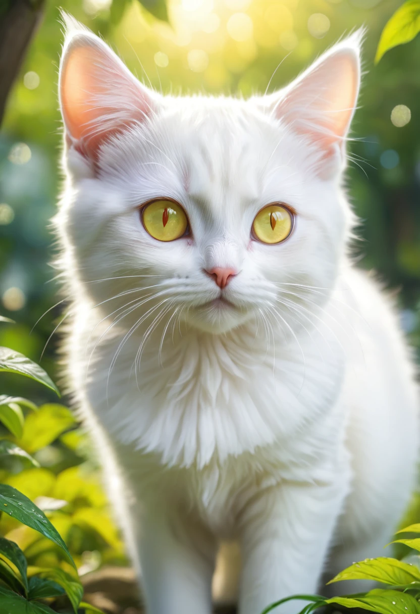 hydrangea park, totally white kitten, yellow cat eyes,Blur background,glitter effect,of the highest quality, 4k, 8k, high resolution, Masterpiece:1.2, Very detailed, realist:1.37, high resolution, 超high resolution, ultrafine paint, sharp focus, Physically based representation, Very detailedな説明, professional, vibrant colors