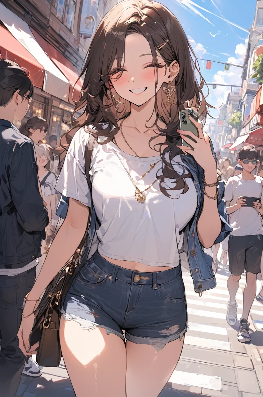(masterpiece:1.5), highest quality, Super detailed, very detailed, exquisite, 16k, Full HD, very aesthetic, absurdres, anime style, 1girl, high school girl, beautiful, female, super sexy girl, 18 years old, shoulder-length brown hair, brown hair, joyful smile, trendy casual fashion, denim jacket, white T-shirt, shorts, sneakers, holding smartphone, taking, busy street with cafes and boutiques, sunny afternoon, bright sunlight on girl's face, soft shadows, people and bicycles in the background, blue sky and tall buildings in the distance, sharp focus on subject, vivid colors, cheerful and lively atmosphere, warm sunlight feel, in brazil