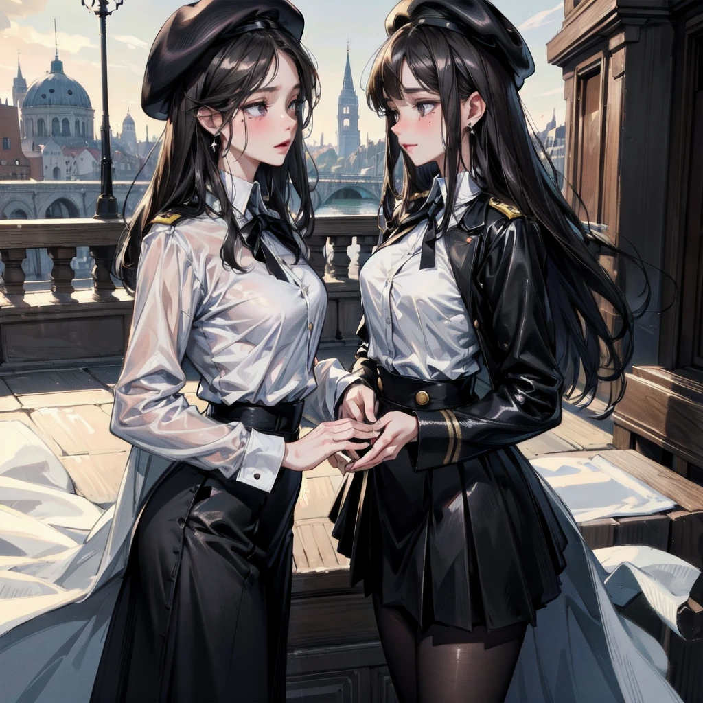absurdres, RAW photo, extremely delicate and beautiful, masterpiece, Best Quality, ultra high resolution, 32k, hyperrealistic, ultra-detailed, delicate facial features, beautiful detailed woman, tearful mole, earring, medium breasts, full body shot, medium hair, black hair, 2 girls, yuri, beret, skirt, military uniform,