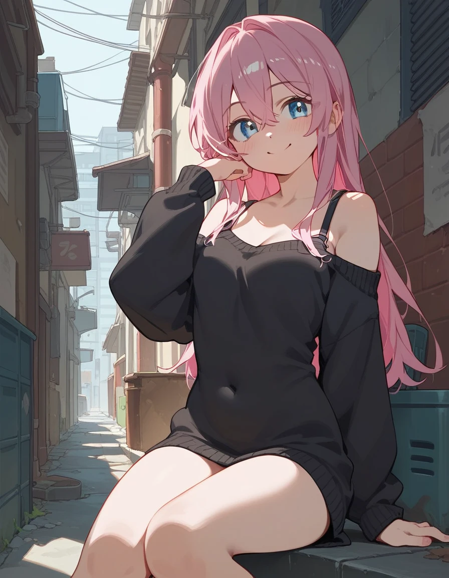 One girl, Shikimori-san, Pink Hair, Long Hair, blue eyes, Hair between the eyes, bangs, blush, compensate, smile, chest, Black sweater, Bare shoulders, No sleeve, skirt, View your viewers,Bare Belly,Secretly showing off her bra,Sit with your feet together,masterpiece, Highest quality,nsfw,Alley,